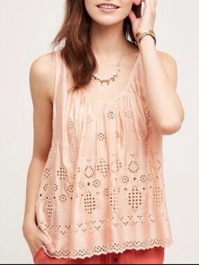 NWT Anthropologie Sadie eyelet top coral pink scoop neck layer tank camisole 10